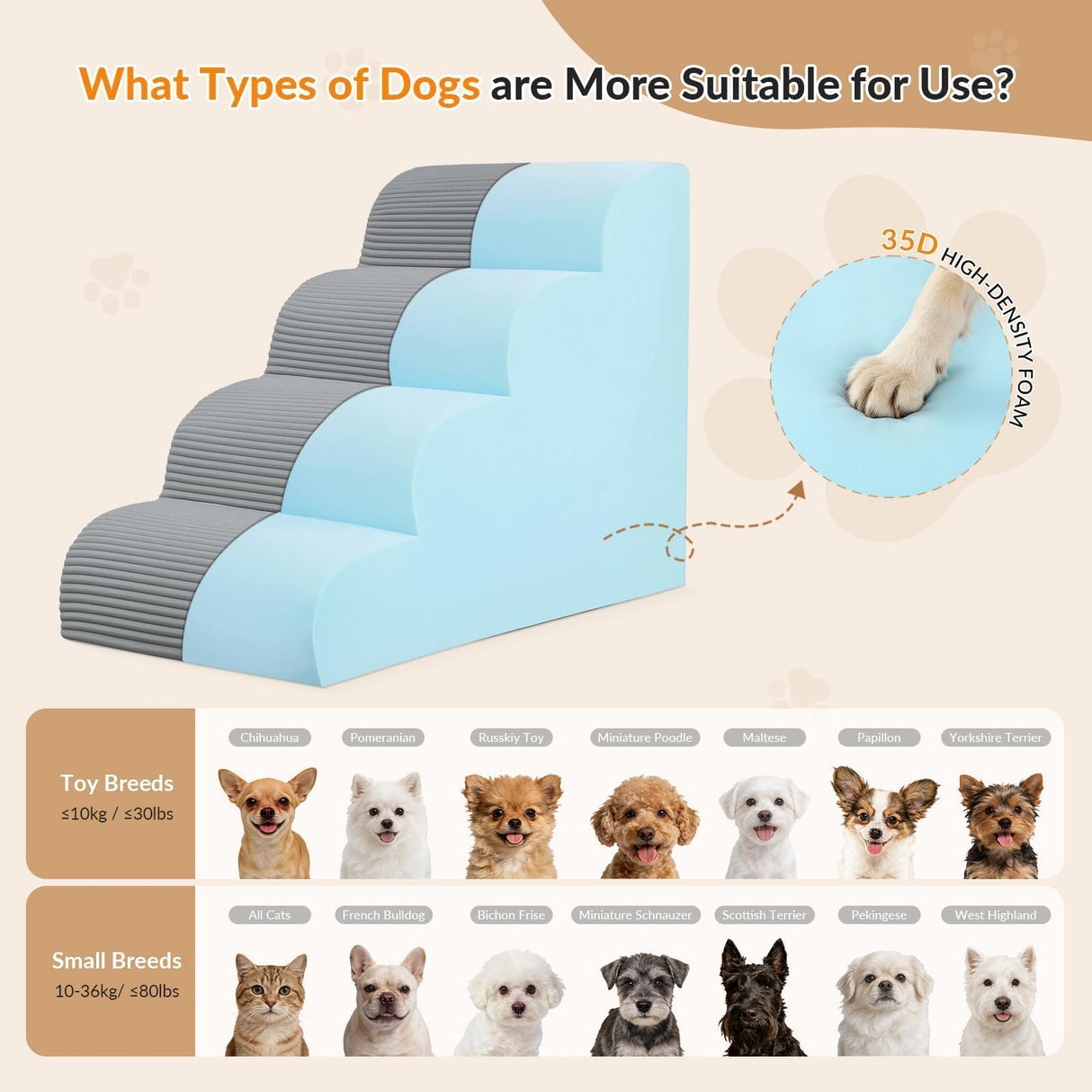 Dog Stairs for Bed Up to 24" H, Extra Height 22.8" 4-Step Pet Steps for Small Dogs and Cats, Non-Slip Sturdy Dog Ramp with Anti-Tip Safety Strap and Washable Cover,Balanced Ramp Indoor Pet Stairs