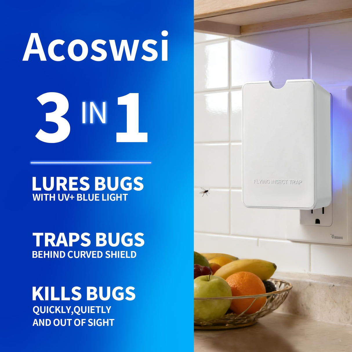 Acoswsi Indoor Fly Trap Plug in, Flying Insect Trap with Blue UV Light, Fruit Fly & Gnat Trap for Indoors, Mess-Free Bug Catcher for Home, 1 Device + 5 Refill Glue Cards