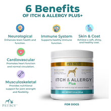 Load image into Gallery viewer, PetScy Itch &amp; Allergy Plus Chews for Dogs Itchy Skin, Ears &amp; Paws | Probiotics, Moringa &amp; Turmeric | Dog Allergy Relief for Skin Redness, Hair Loss Gut &amp; Digestive Health - Bacon Flavor - 60 Chews
