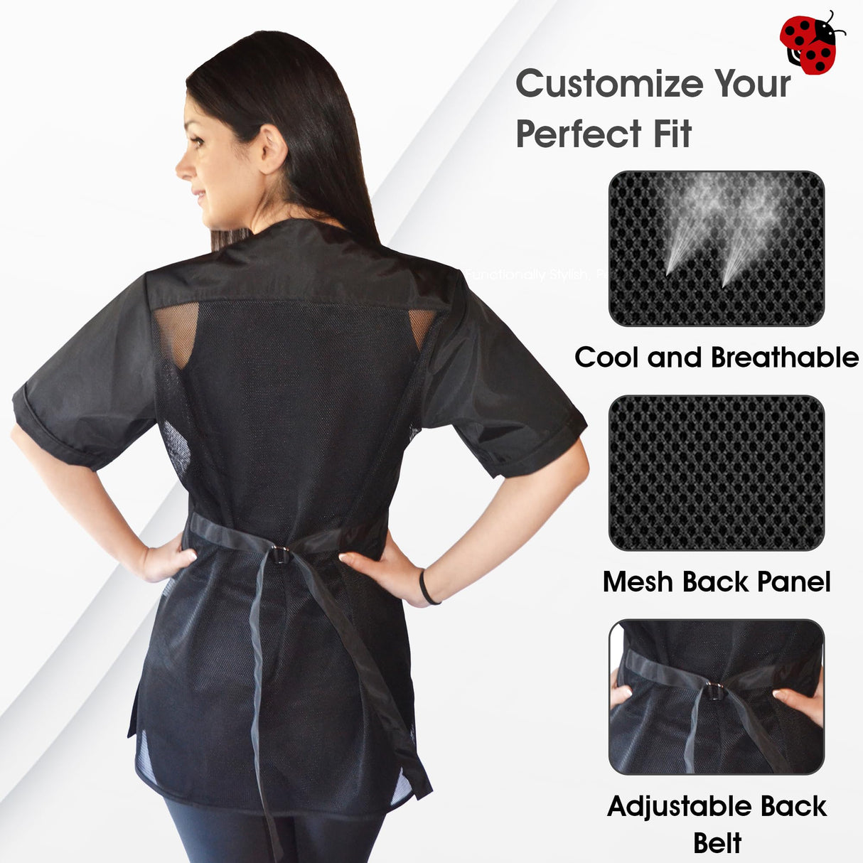 Ladybird Line 950 Classic Black Waterproof Styling Jacket, Hair and Bleach Resistant with Covered Zipper Panel, Mesh Back and Back Tie Belt, Ideal for Pet Groomers, Barbers, and Hair Stylists - 2XL