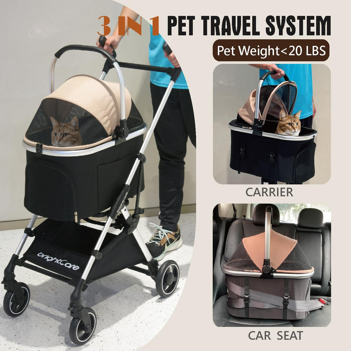 BRIGHTCARE Pet Stroller for Small Dogs & Cats Under 20 lb with Detachable Carrier, Converts to Car Seat, Ultra-Lightweight only 11lb, One Hand Fold