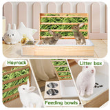 MUYG Rabbit Hay Feeder with Litter Box, 3 in 1 Wooden Bunny Feeder, Small Animal Hay Holder Rack for Rabbit, Guinea Pig, Hamster, Ferrets
