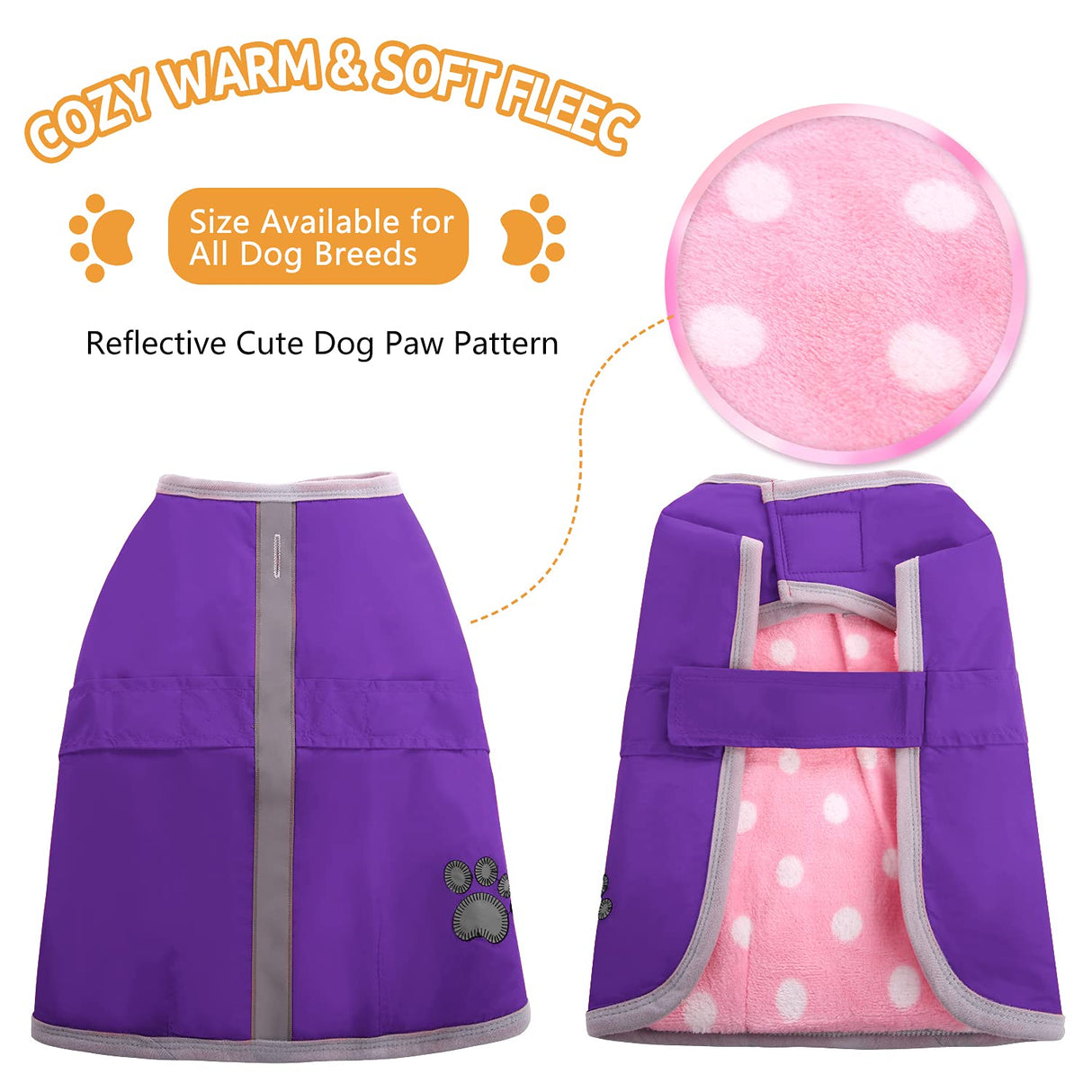 Queenmore Dog Winter Coat, Cold Weather Fleece Jacket for Dogs, Waterproof Reflective Reversible, for Small, Medium and Large Dogs (Purple, XL)