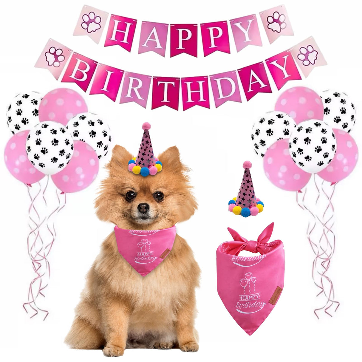 GOHAPPYPets Dog Birthday Set - Premium Durable Adjustable Fabric Dog Bandana + Birthday Hat + Balloons + Banners with Pink & White Birthday Vibe Design for Small Medium Large Dogs(Small)