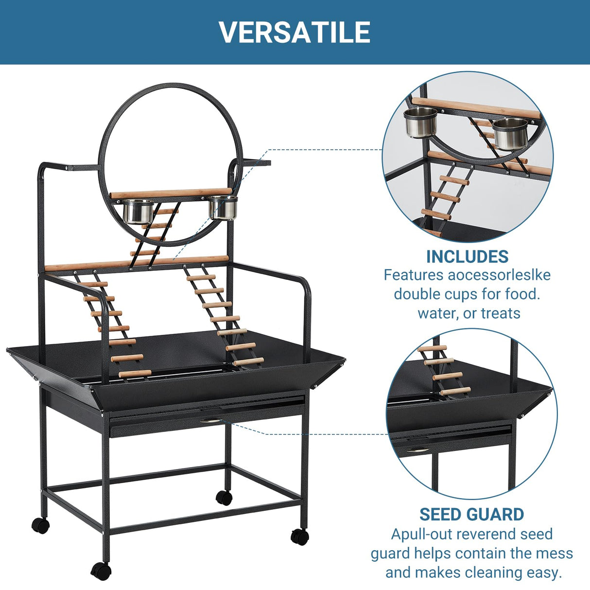 Bird Playstand, 66 in H Inch Birdcage Stand Activity Play Center with Perches and Ladders, Removable Tray, Indoor Outdoor Playground for Parakeet, Cockatiels Conures Parrots, Lockable Caster, Black