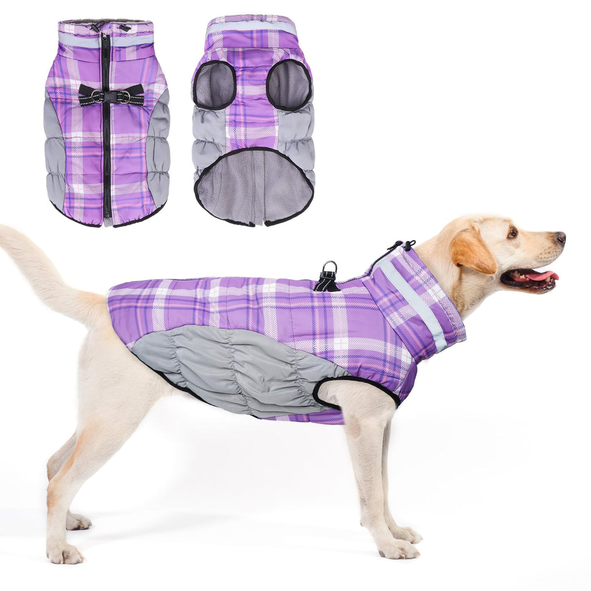 BEAUTYZOO Dog Winter Coat with Harness Built in, Reflective Plaid Puffer Vest Waterproof for X-Large Dogs, Fleece Warm Puppy Zipped Jacket with D Ring, Pet Cold Weather Sweater Clothes, Purple XL