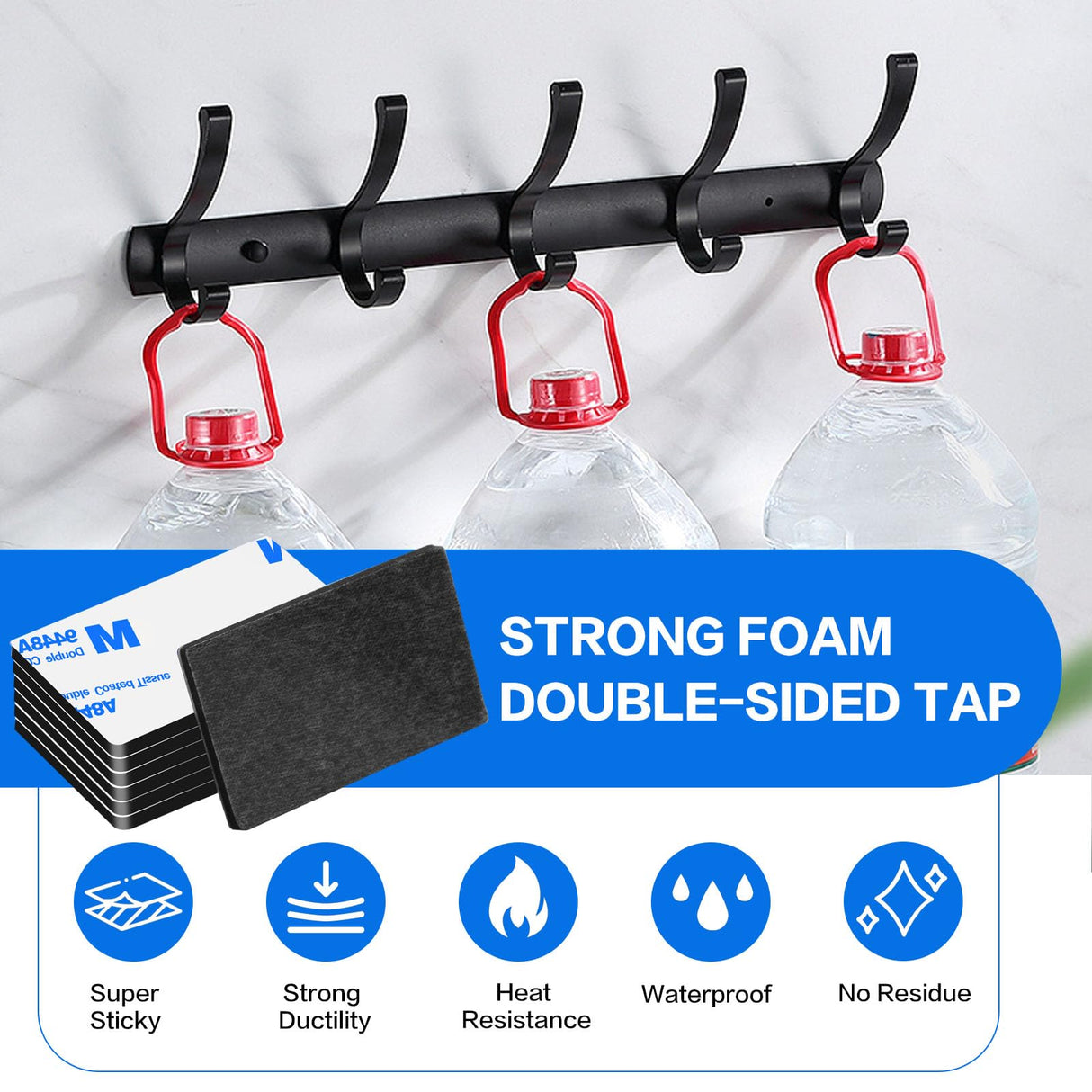 Moeey Double Sided Adhesive Pads,Heavy Duty Mounting Tape,48Pcs 3mm Thickness Pre-Cut Foam Tape,Super-Sticky Black Strong Pads Rectangle Shape Waterproof for Walls Picture, Car, Home, Office