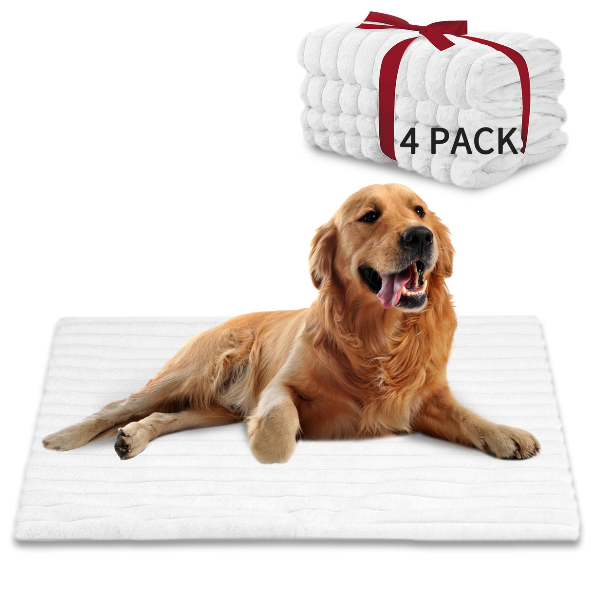 NWK Pack of 4 Fluffy Self Warming Cat Mat, Cat Blanket, Thermal Dog Mat, Washable, Non-Slip Bottom for Sofa & Crate & Kennel & Car Seat (Creamy White, Large (34'' X 22'' X 0.7''))