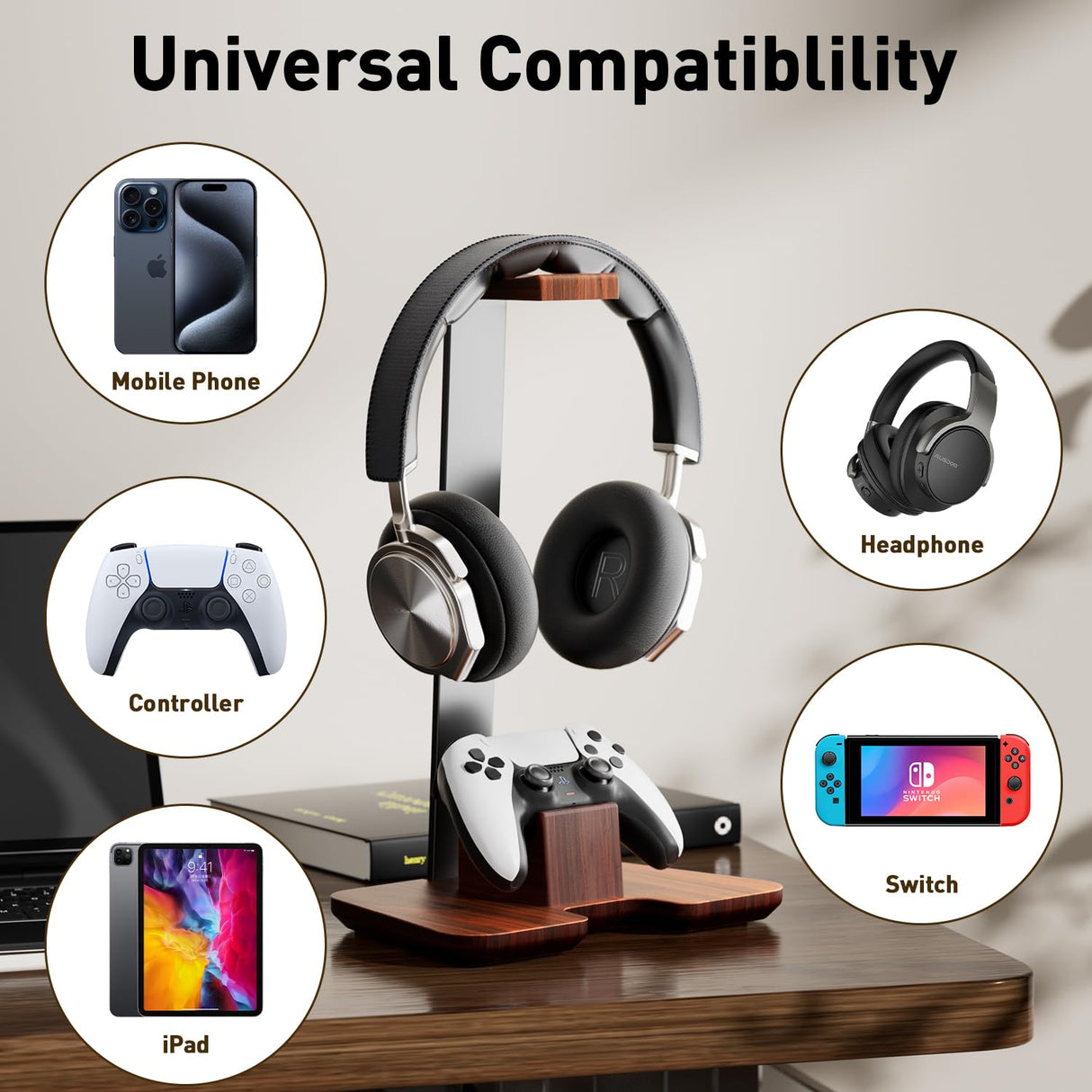 Controller Stand Wood Headphone Stand for Desk Gaming Desk Accessories Controller Holder for Gaming Equipment Headset Holder Gift for Father,Son,Husband,Boyfriend