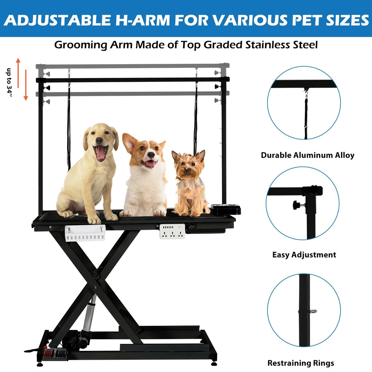 Electric Dog Grooming Table, 50 Inch Hydraulic Pet Grooming Table, Dog Grooming Station with Aluminium Overhead Arm, Anti Slip Tabletop, 6 USB Ports, 300 LBS Capacity