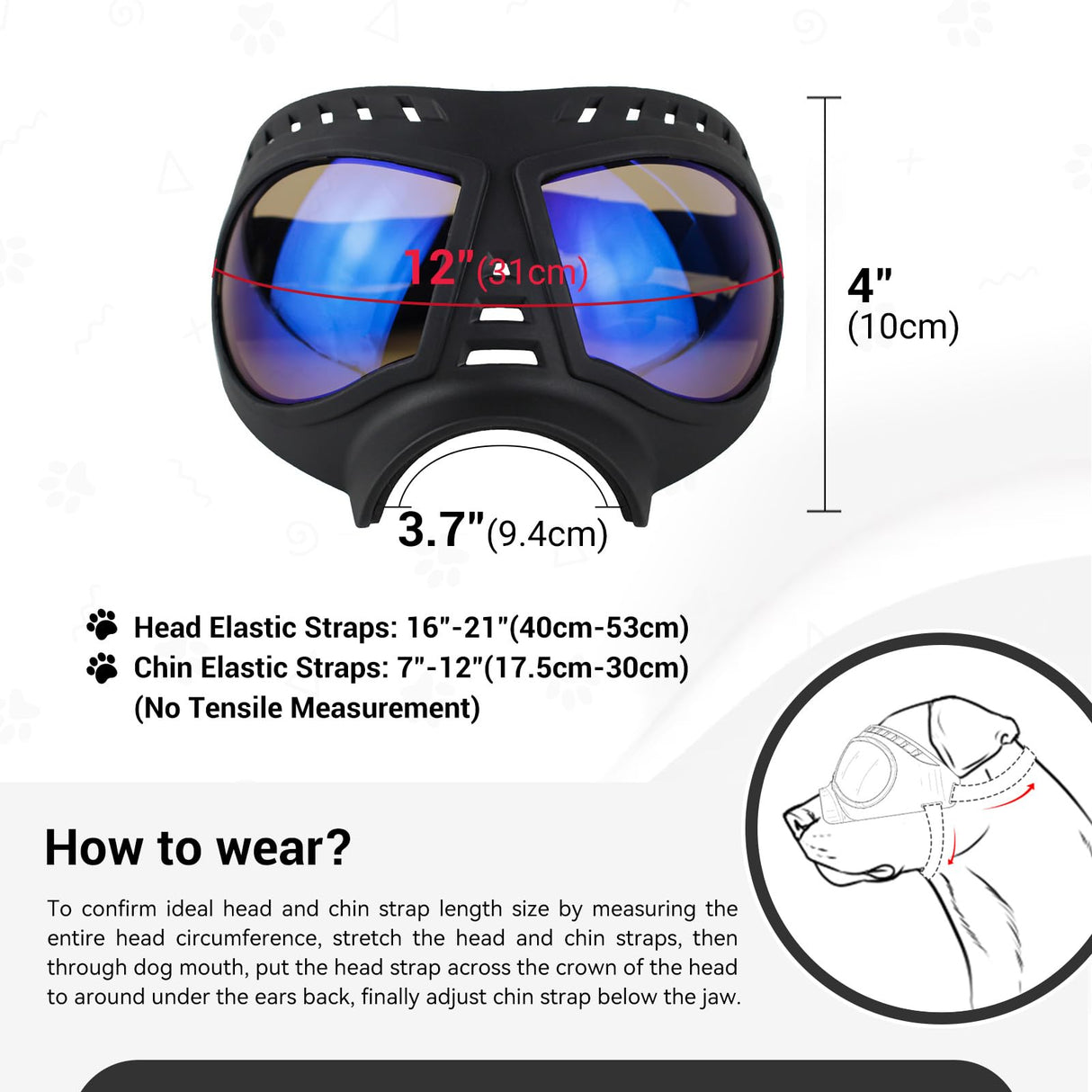 PETLESO Large Dog Goggles Pet Eyes Protection for Medium to Large Breed, Windproof Snowproof UVproof Dog Sunglasses for Outdoor Hiking/Cycling/Driving, Soft Frame Adjustable Straps, Clear Blue Lens