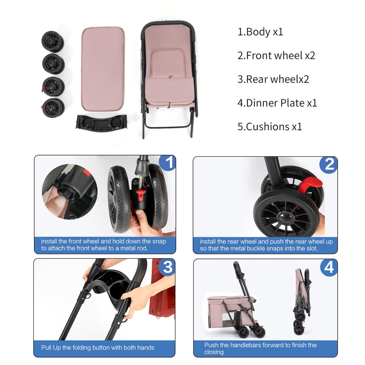 Pet Stroller Cat Dog Stroller Travel Folding Pet Carriers（Pink）