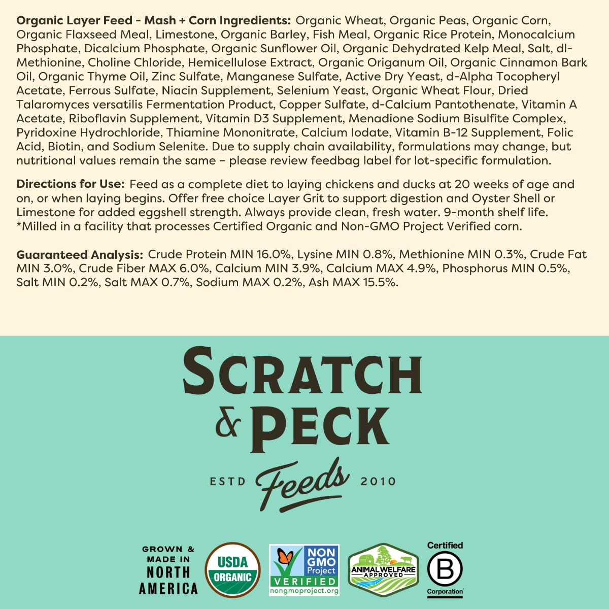 Scratch and Peck Feeds Whole Grain Layer Mash + Corn Chicken and Duck Feed - 40 lbs Bag - Soy-Free - 16% Protein, Certified Organic and Non-GMO Project Verified Chicken Food
