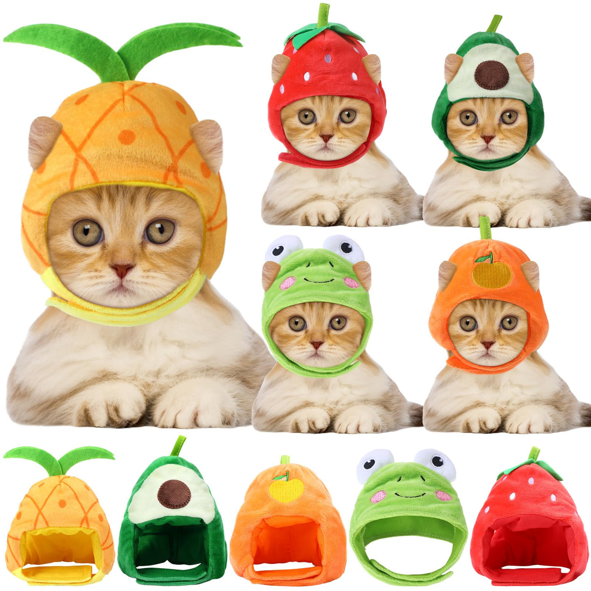 Weewooday 5 Pcs Cat Adorable Costume Bunny Hat with Ears Funny Mane Cat Hat for Pets and Small Dogs Kitten Puppy Party Costume Accessory Headwear(Avocado, Orange, Strawberry, Pineapple, Frog)