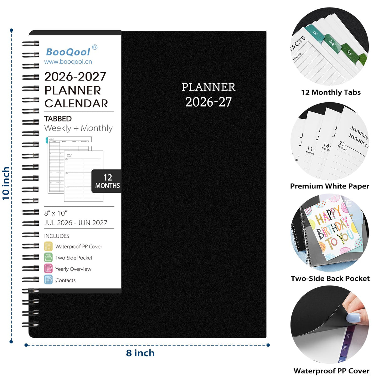 BooQool Planner 2026-2027 for Office, School, Home - Spiral Bound Academic Monthly Weekly Calendar July 2026 - June 2027 Organizer with To Do List, Tabs & PP Cover 8" x 10"