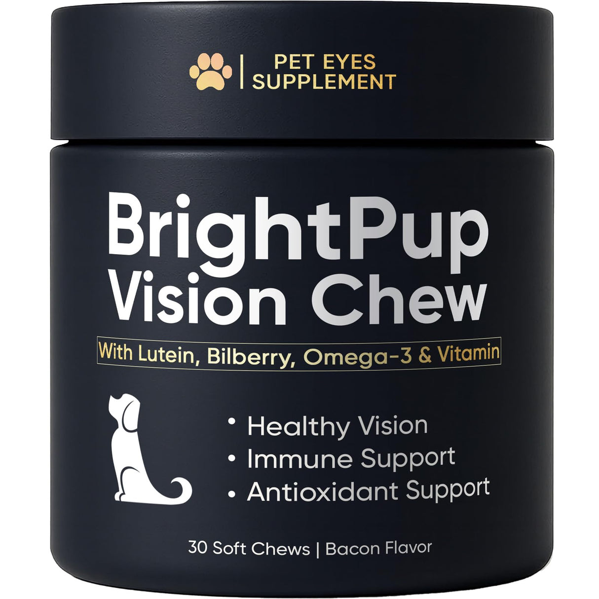 BrightPup Dog Vision Chews, Dog Vision Supplement with Lutein, Vitamin A/C/E, Bilberry & Omega-3, Supports Eyes Health & Visions Clarity, Bacon Flavor Eye Supplements for Dogs, 30 Soft Chews (1)
