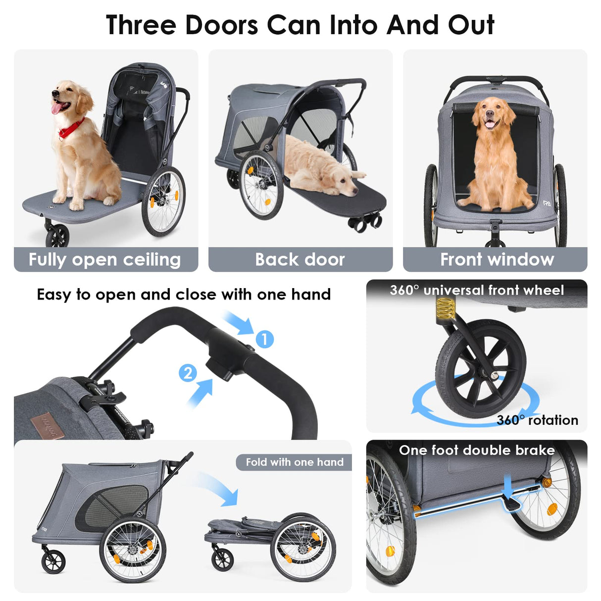 Beberoad Pets R8 Extra Large Foldable Pet Stroller, Dog Stroller & Pet Trailer for Large Dogs Under 100 lbs, Unmovable, Disabled & Pregnant Dogs - Conveniently Carriable by Bike and Car, Grey
