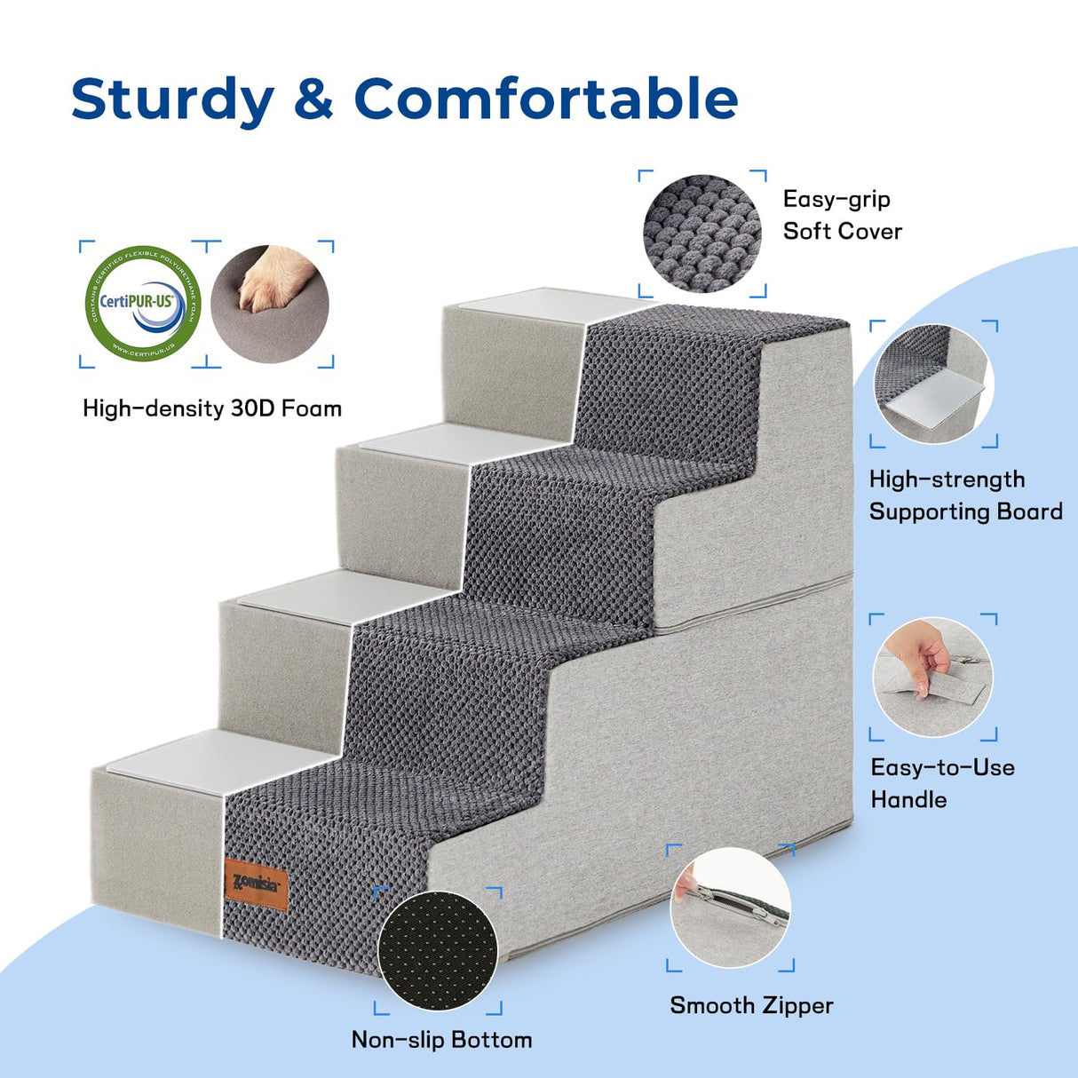 ZOMISIA Dog Stairs for Small Dogs - Pet Stairs 2 in 1 with Zippers Suitable for Couch and Bed, 35D Foam Dog Steps with Non Slip Bottom Grey 4 Steps, Beige