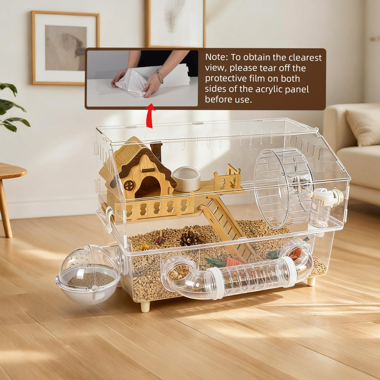 Clear Acrylic Hamster Cage, Dwarf Hamster Cage, Mouse Cage, Gerbil Cage - All-in-One Hamster Habitat with 18cm Silent Wheel, Tubes & Full Kit, 17.7×11.8×13" for Dwarf Hamsters, Mice, Gerbils