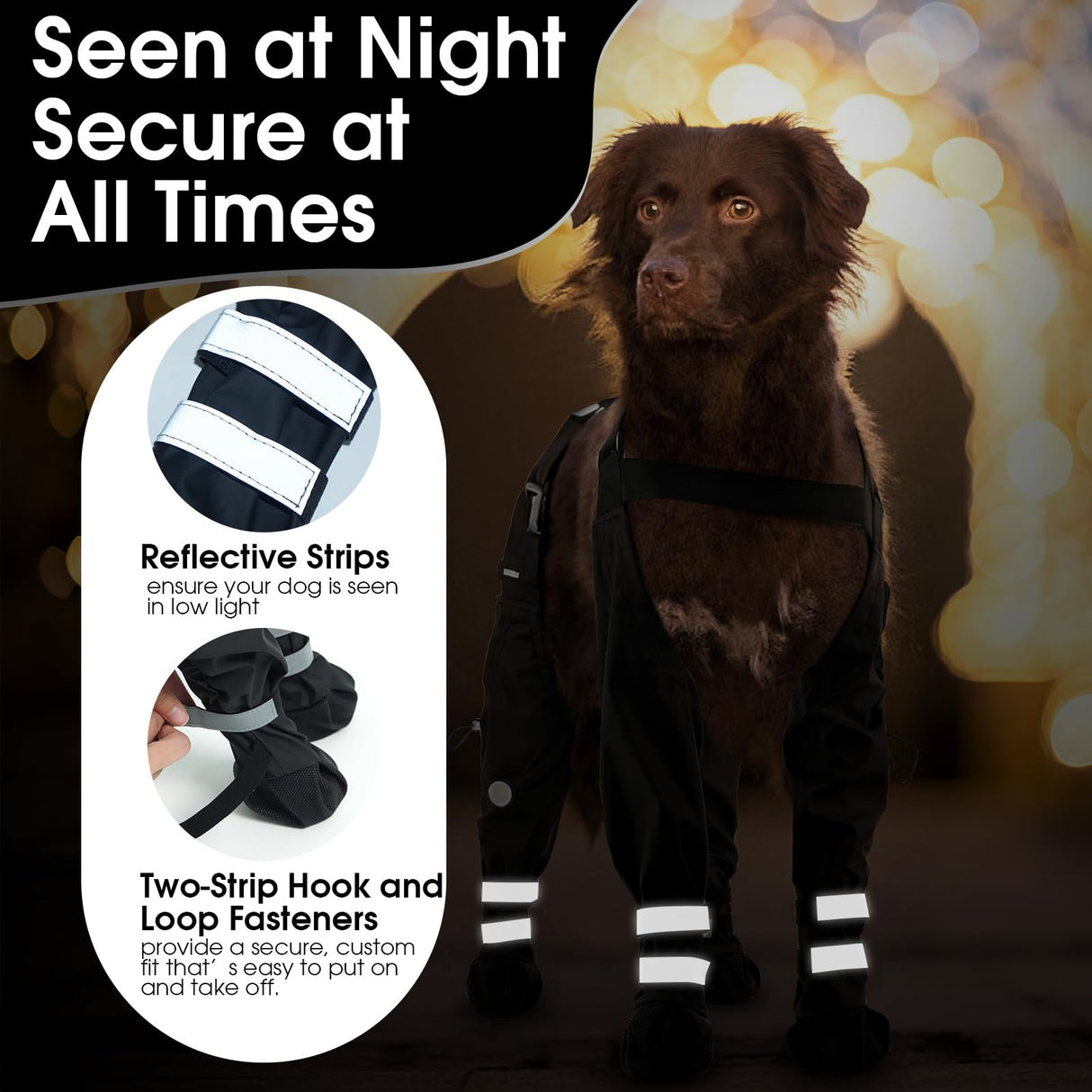 Pezluxe Dog Suspender Boots, Waterproof Anti-Slip Dog Rain Boots with Adjustable Strap for Small Medium Large Dogs, Reflective Paw Protector Pet Shoes for Outdoor Walking, Rain Snow Hiking, Black, L