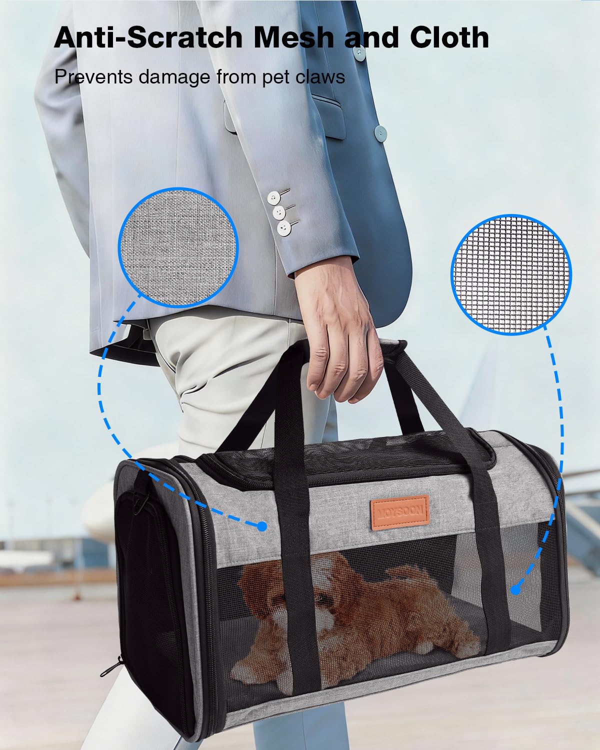 FOXFOCUS Pet Carrier Airline Approved 17x11x9.5 in - Underseat, Top & Side Entry Soft Dog Cat Travel Carrier with Safety Zippers ＆ Anti-Scratch Mesh for Small Cat and Dog for Pets Up to 10 Lb - Grey