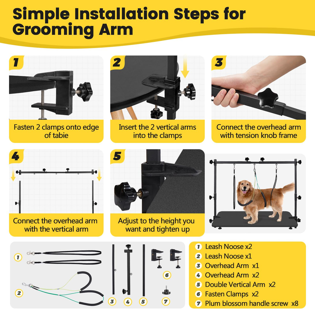 SUNMCCN Dog Grooming Table Arm - Adjustable 35"" Height, 32""-47"" Width, Dog Grooming Arm with Clamp and No-Sit Haunch Holders - Perfect for Medium & Large Pets