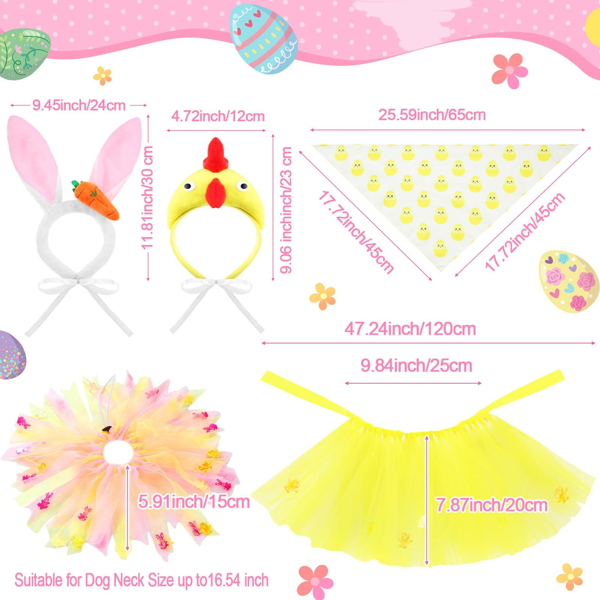 Huhumy 6 Pcs Adjustable Dog Easter Costumes Include Bunny Ears and Chick Headband Dog Bandana Easter Collar Tulle Tutu for Small Medium Pet Birthday Holiday Party Accessories
