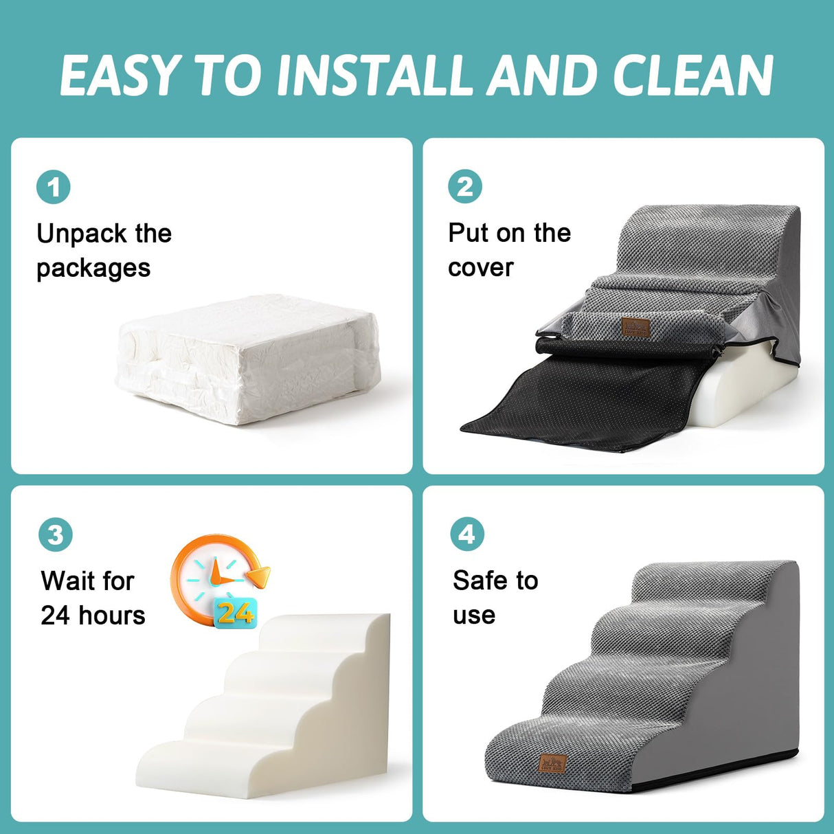 COZY KISS Dog Stairs for Small Dog 22.6" H, Curved Pet Step for Puppy, Older Cat, Medium Pet Ramp for High Bed, Ladder with High Density Foam, Durable, 5 Step, 15.7x33x22.6 inch, Grey
