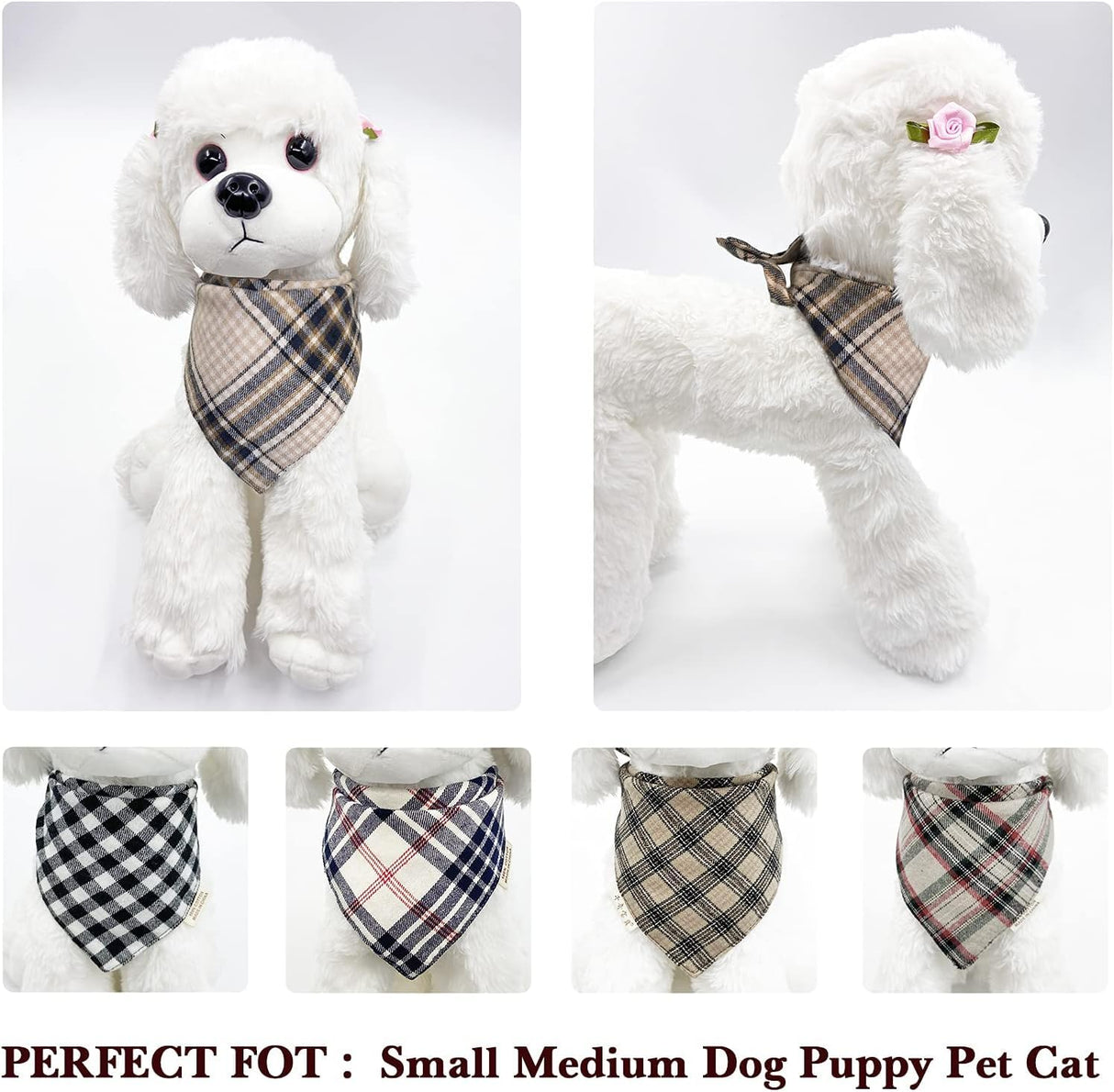 Spring 5PCS Dog Bandanas with Buttons - Thick Triangle Bibs Dual Layer Soft Cotton Scarf for Small Medium Large Boy Girl Puppy Cat Pet Plaid Kerchief Costumes Outfits