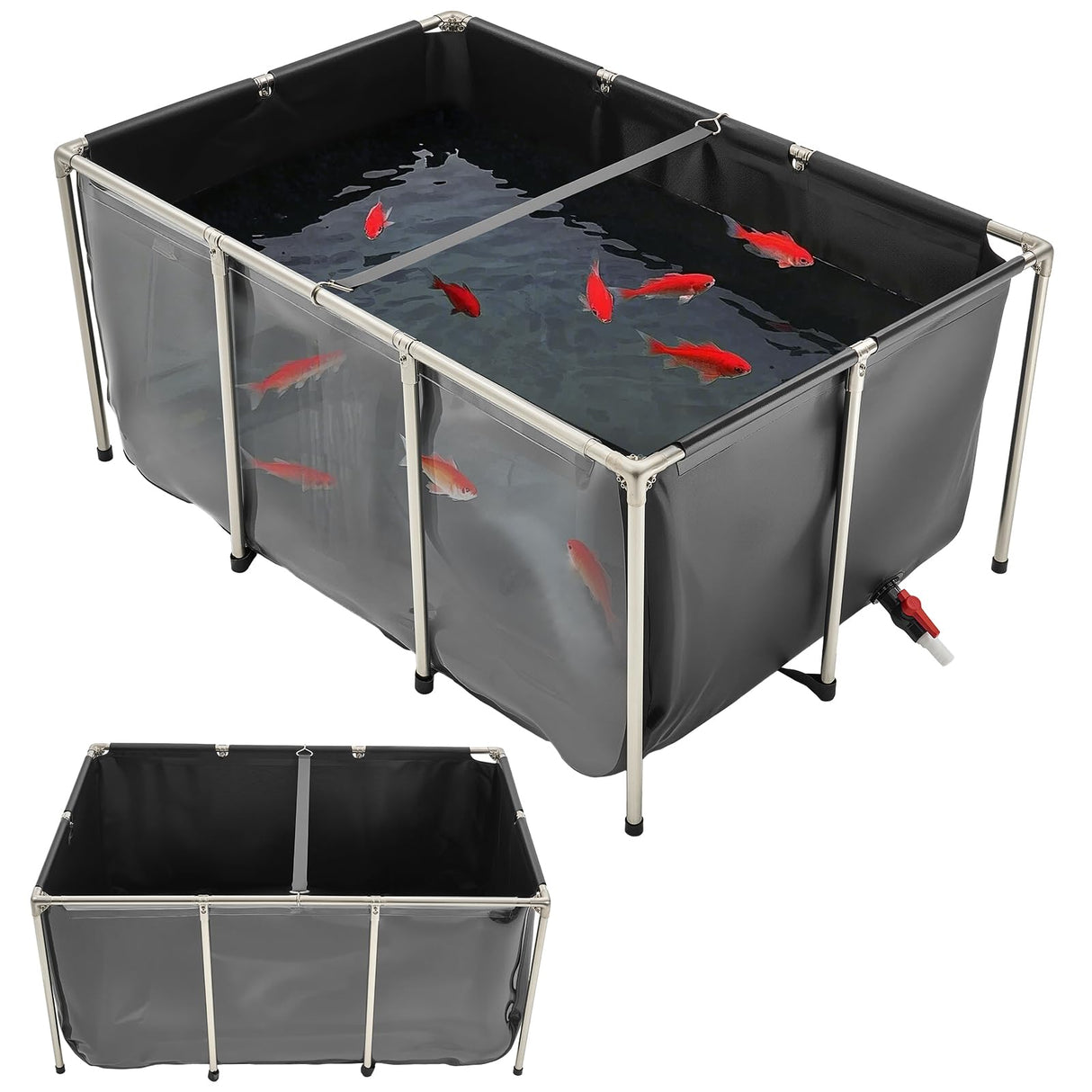 VEVOR Canvas Fish Pond, 270 Gal Above Ground Fish Pond, PVC Koi Tank with Clear Viewing Panel, Rectangular Goldfish Tank with Stainless Steel Frame & Drain Valve, for Breeding Koi, Irrigation(Black)