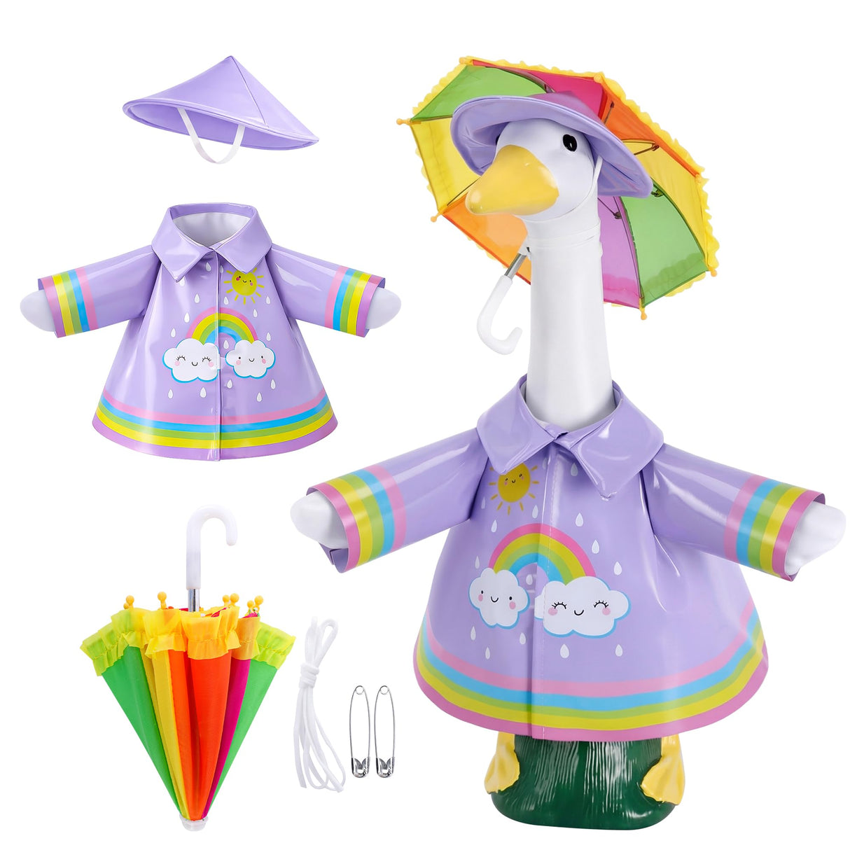 DECOHS 3 Pcs/Set Raincoat Porch Goose Outfits, Summer Lawn Goose Statue Raincoat Costume, Yard Goose Clothes Raincoats Umbrella Hat Outfit for 23" Statue Patio Garden Decoration (Purple Rainbow)