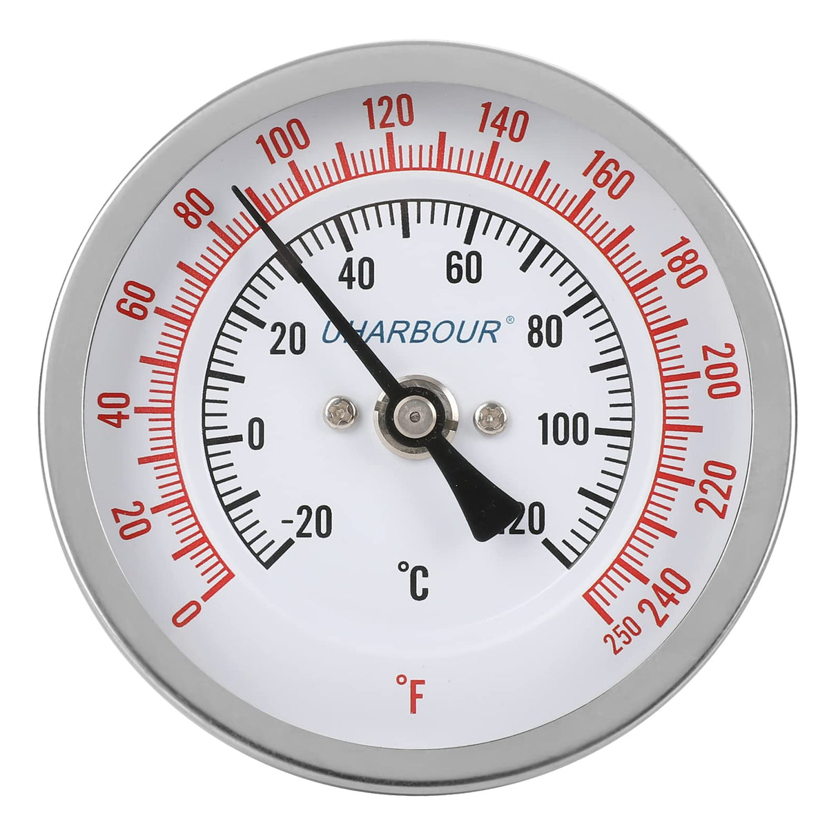 Uharbour 3" Dial Fully Stainless Steel Thermometer for Pot, Kettle, Brewing Bimetal, 4" Stainless Steel Stem, 0-250 deg F/-20-120 deg C, Accuracy +/-1%, Adjustable, 1/2" NPT Back Mount…