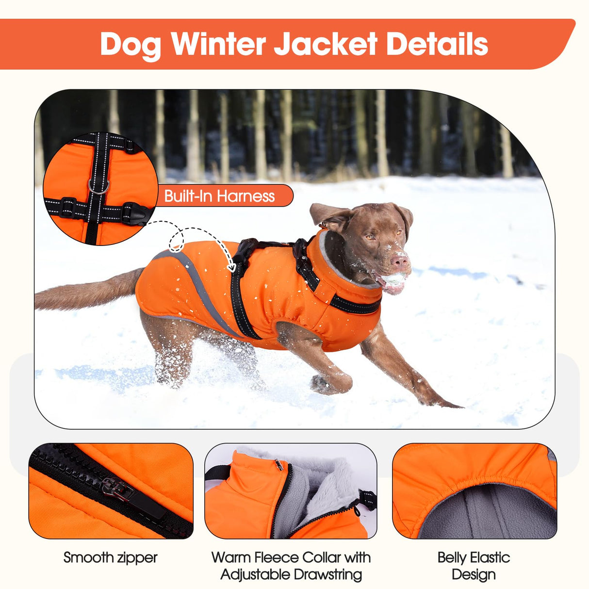 BRKURLEG Dog Winter Jackets for Large Dogs, Dog Coat with Harness Built in, Dogs Snowsuits with Zipper, Waterproof Windproof Pet Puffer Jacket Fleece Vest for Labrador, Dalmatian, Orange XXL