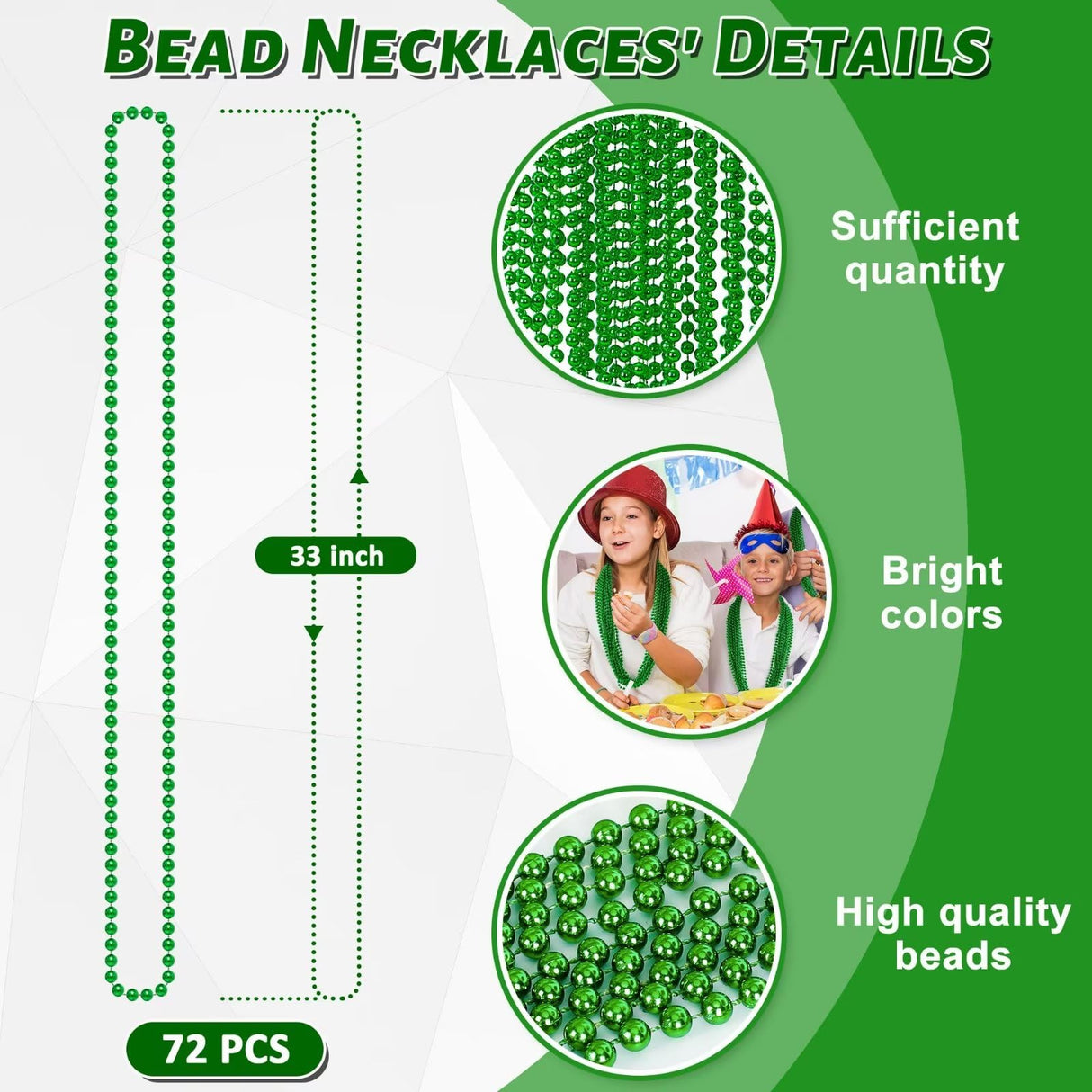 72PCS Green Bead Necklace, Mardi Gras Beads Necklace Accessories Bulk, Mardi Gras Xmas Necklaces Women Men, Parade Throw Accessories for Wedding Birthday Mardi Gras St. Patricks Christmas Decorations