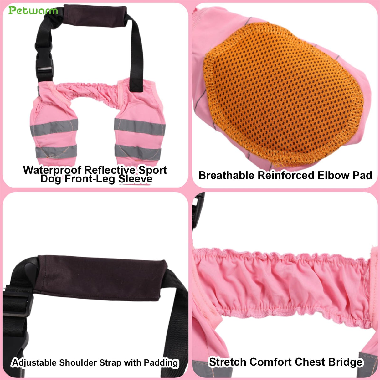 PetWarm Dog Front Leg Sleeve, Adjustable Dog Elbow Sleeves with Reflective Strips, Anti-Licking Soft Recovery Sleeve for Dogs, Waterproof Front Leg Protection for Large Dogs, Pink, XL