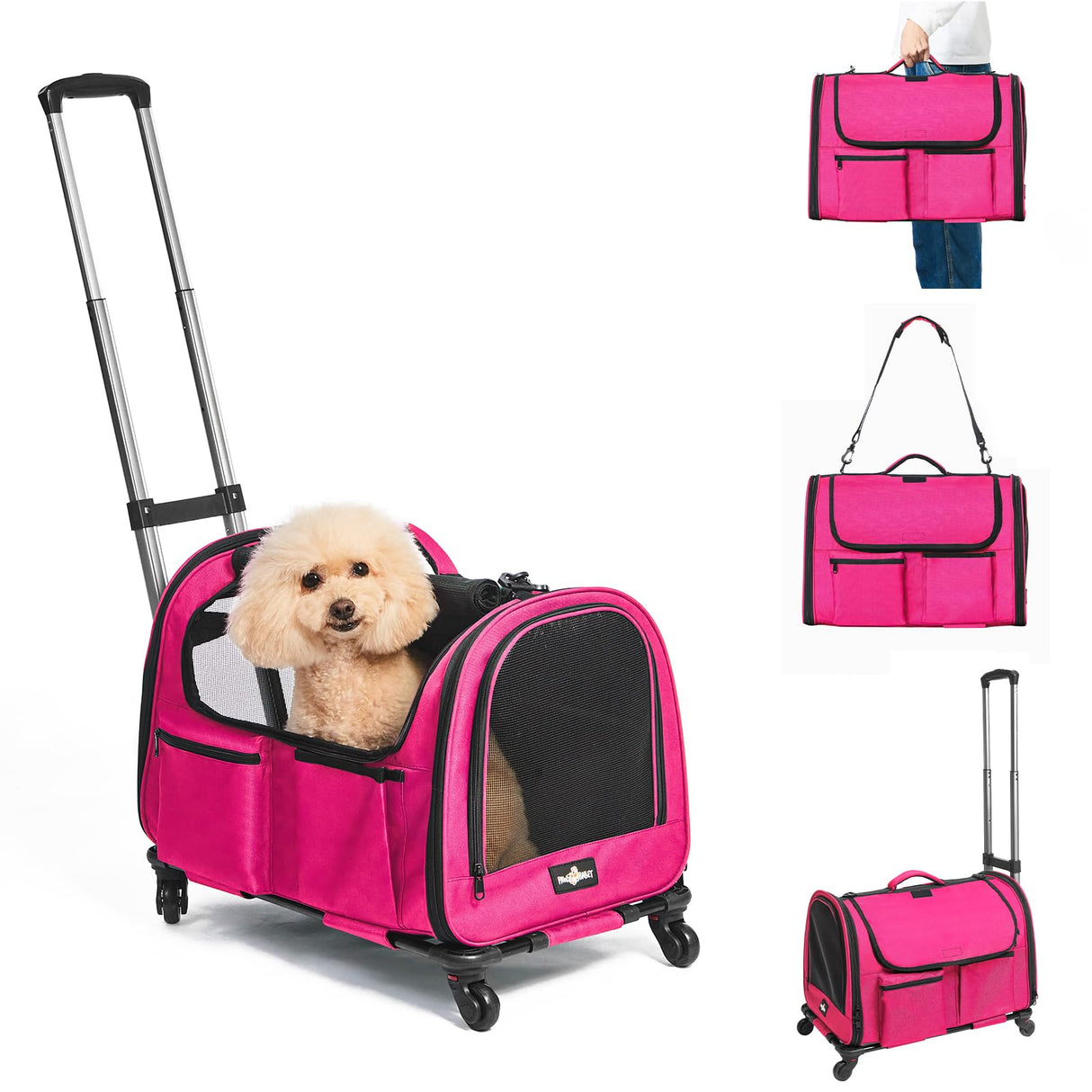 Large Pet Carrier with Wheels, Foldable Rolling Dog Carrier with Big Pocket, Cat Rolling Bag 21"x13"x13" for 2 Cats &Dogs, for Travel, Outdoor, Vet Visits, Camping, Indoor.Pink. (Not for Airline)