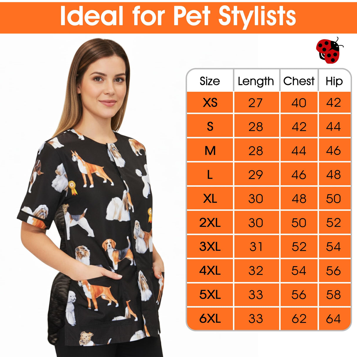 Ladybird Line 803 Water Resistant Dog Groups Stylist Grooming Smock, Hair and Bleach Resistant with Covered Zipper Panel, Mesh Back and Back Tie Belt, Ideal for Pet Groomers and Vet Clinics - Medium