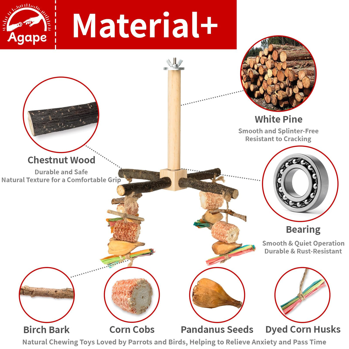 Agape Rotating Parrot Perch Toy with Chew Toy, Natural Wooden Perch Stand for Small & Medium Birds, Bird Cage Accessory with Exercise Wheel for Parakeets Cockatiels Lovebirds Conures Finches Budgies