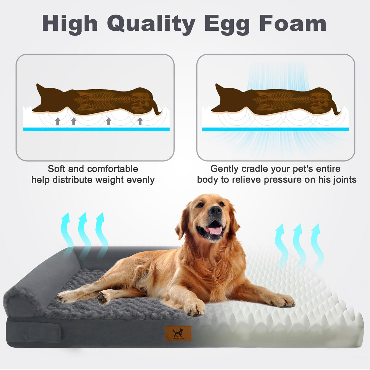 PAWPUBBY Orthopedic Dog Bed - Breathable Egg-Crate Foam Sofa Couch with Bolster, Water-Resistant Liner & Washable Rose Velvet - Ideal for Corgis, French Bulldogs, Dark Gray, L (35'' x 22'')