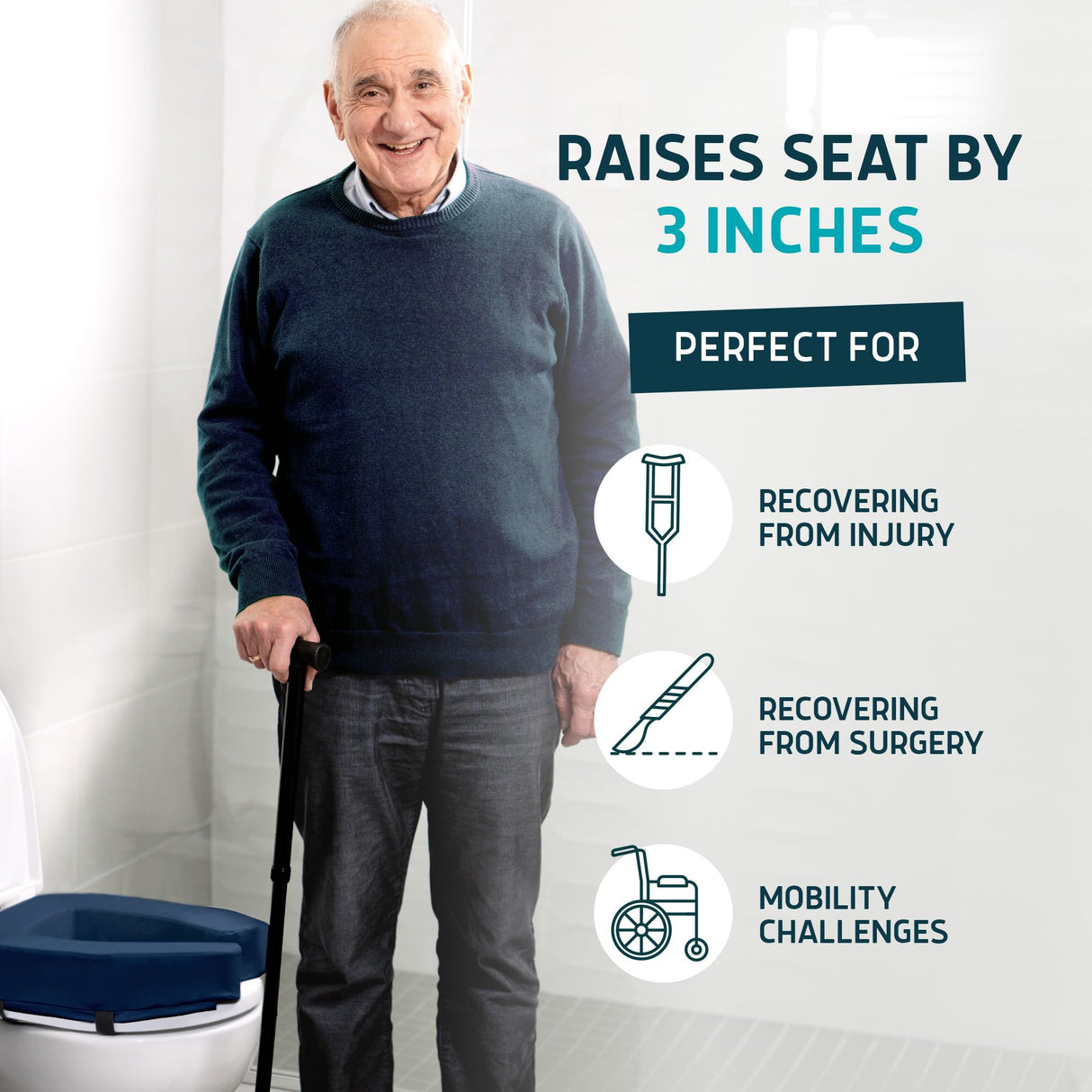 Lunderg Toilet Seat Riser for Seniors - Adds 3 inches. Universal Fit - FIRM Raised Toilet Seat Cushion with High-Density Foam for enhanced Comfort & Elevation. Post-Surgery Must have (Blue)