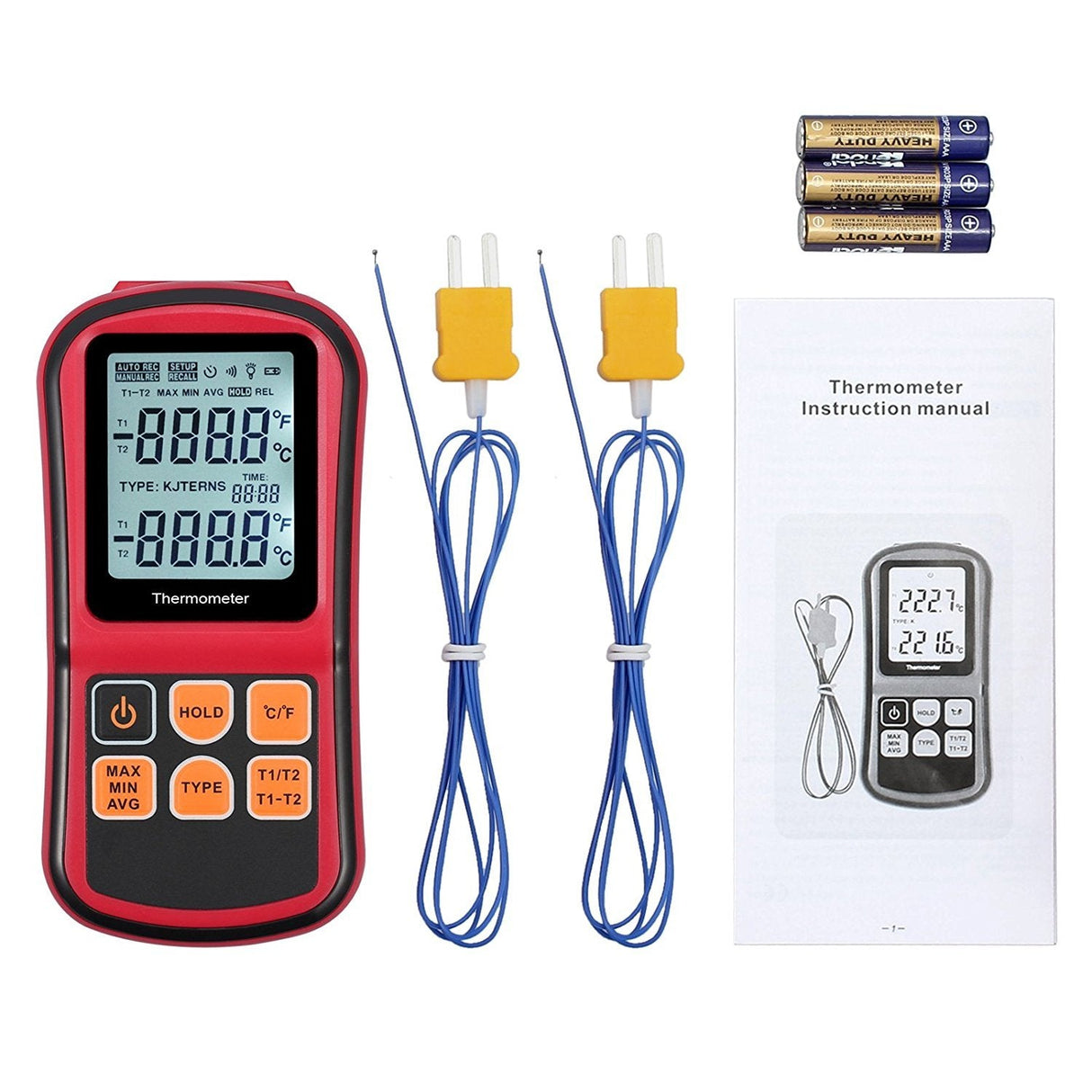 Kamtop Digital Thermometer, Dual Channel Thermometer with Two K Type Thermocouple Probes, High Temperature Meter Dual Measurement Meter Sensor Backlight LCD Thermometer for K/J/T/E/R/S/N Type