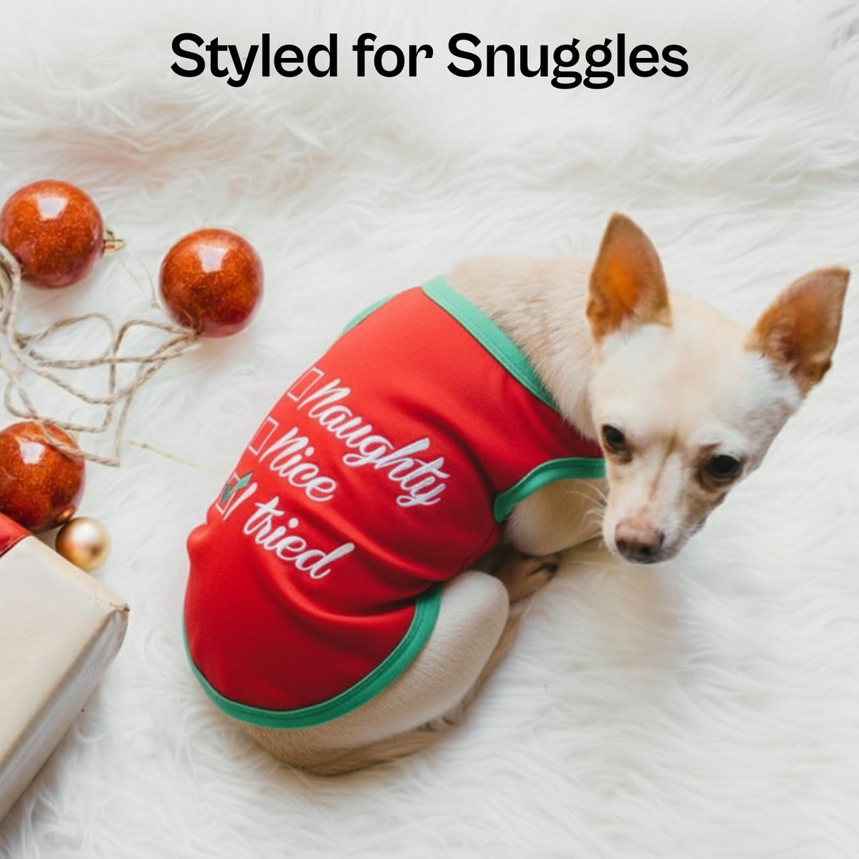 Parisian Pet Dog Christmas Tshirt - Embroidered “ Naughty Or Nice “ Dog Shirt - Lightweight Cotton Puppy Christmas Outfit - Sleeveless Funny Pet Clothes - Shirts for Small Dogs - XXS