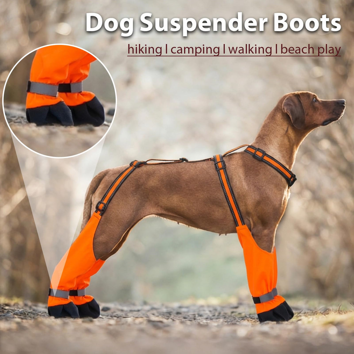 IKIPUKO Dog Suspenders Boots, Winter Snow Shoes for Large Dogs, Waterproof Dog Boots for Rain Mud, Anti-Slip Stay-On for Active Dogs, Adjustable Reflective Paw Protector for Walking Hiking, 2XL Orange
