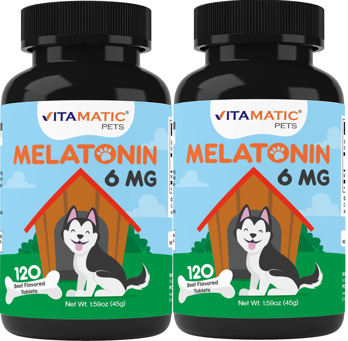 Vitamatic Melatonin for Dogs – 6 mg – 120 Chewable Tablets (Pack of 2) Beef Flavored – Natural Calming Support – Non-Habit Forming – Veterinarian Formulated