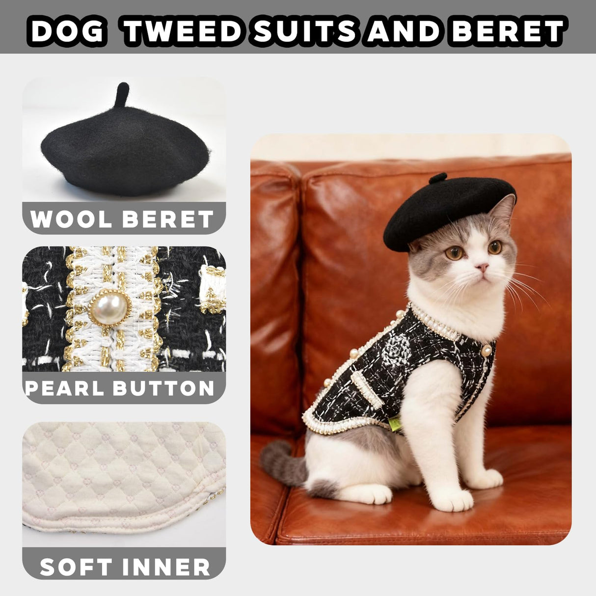 Luxury Dog Clothes Tweed Suits and Beret Hat,Black Winter Warm Pet Coat Vintage Jacket Vest,Cat Artist Costume Cosplay Party Outfits for Small Medium Dogs,XS