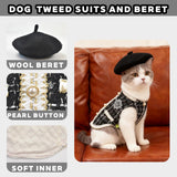 Luxury Dog Clothes Tweed Suits and Beret Hat,Black Winter Warm Pet Coat Vintage Jacket Vest,Cat Artist Costume Cosplay Party Outfits for Small Medium Dogs,XS