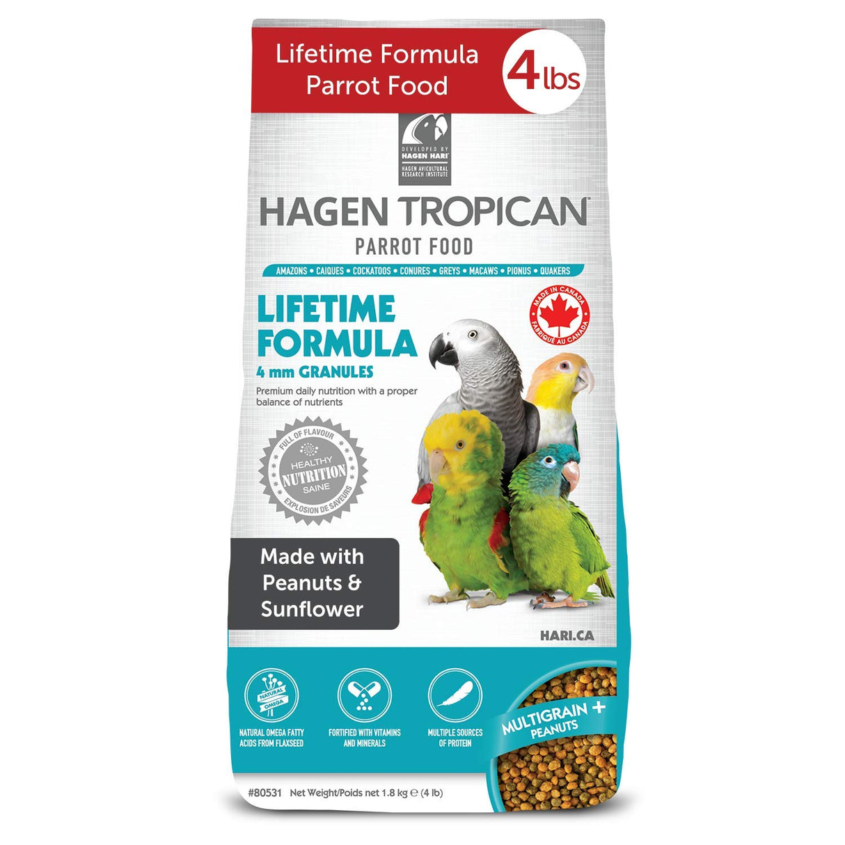 Hagen Tropican Lifetime Formula Parrot Food, 4 lb. - Hari Parrot Food with Peanuts & Sunflower Seeds and Balance Nutrition Levels