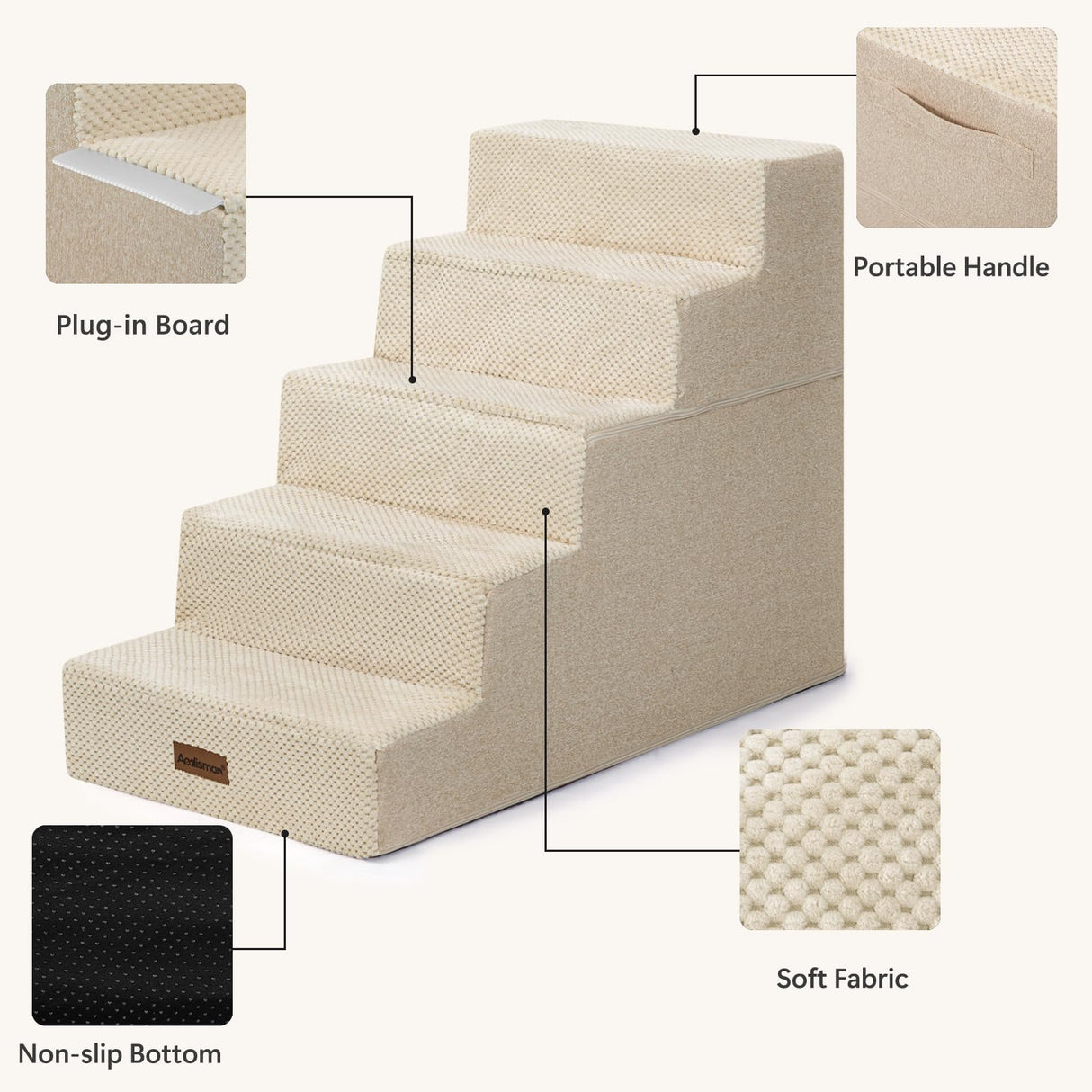 Aodisman Pet Stairs for High Bed, 5-Step Dog Stairs for Small Dogs, Indoor Non-Slip Dog Steps for Old Cats, Puppy, Small Medium Dogs,22.6" H,Beige