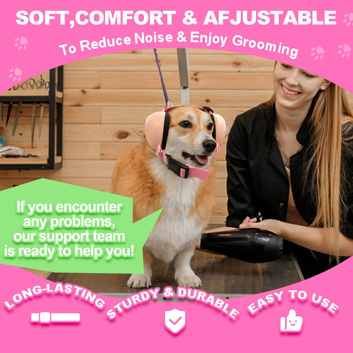 PROHEAR Dog Ear Muffs Noise Protection for Firework, Adjust Dog Noise Cancelling Headphones for Winter Outoor, Small, NRR 28 (S, Pink)