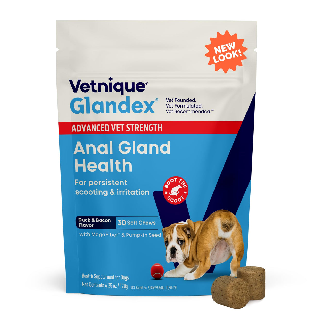 Vetnique Glandex Anal Gland Health Soft Chew Treats with Pumpkin for Dogs Digestive Enzymes, Probiotics Fiber Supplement for Dogs Boot The Scoot (Advanced Strength Duck/Bacon Chews (Veg), 30 Count)